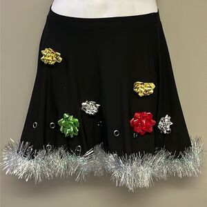 Btween Us Black Fit and Flare Ugly Christmas Skirt w/ Bows & Tinsel Garland- Med
